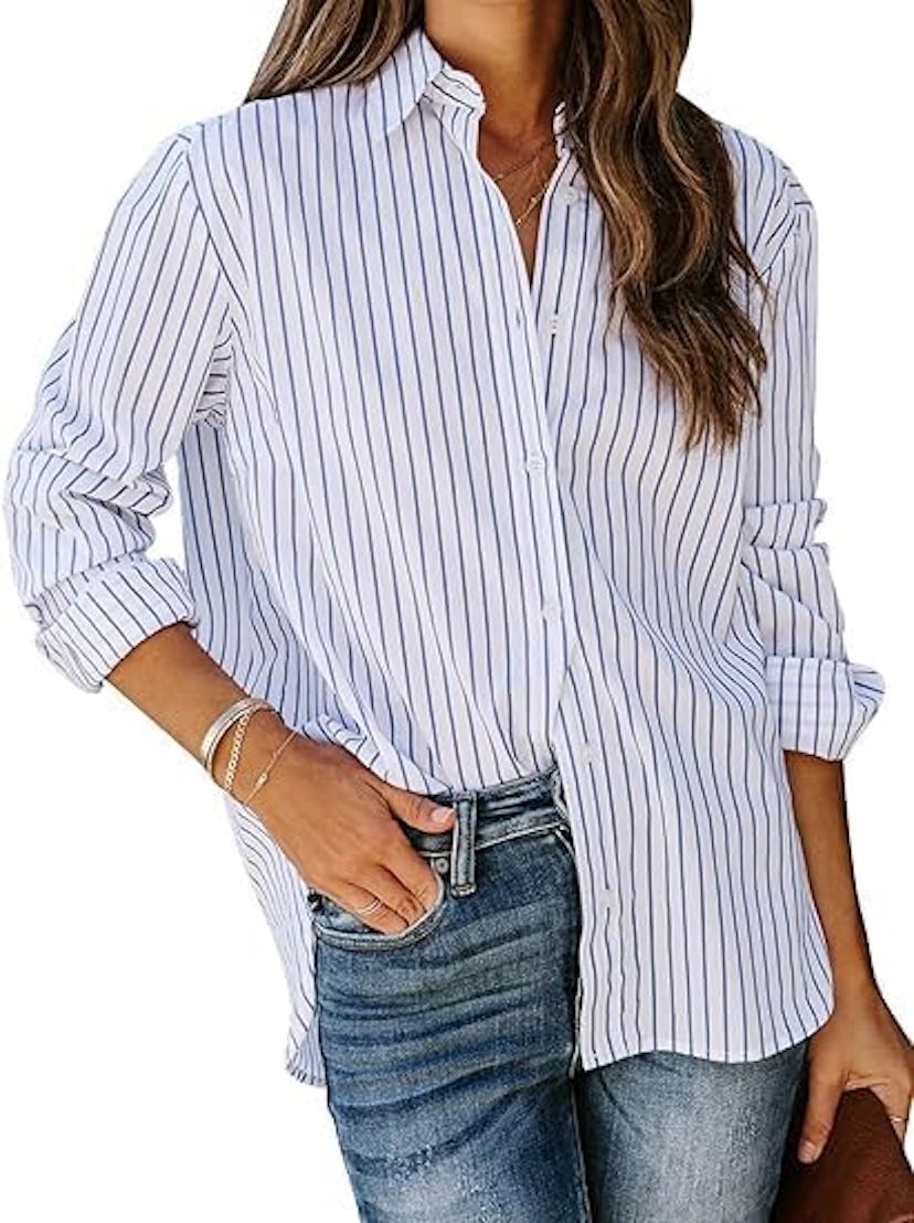 Siliteelon Striped Button Down Blouse