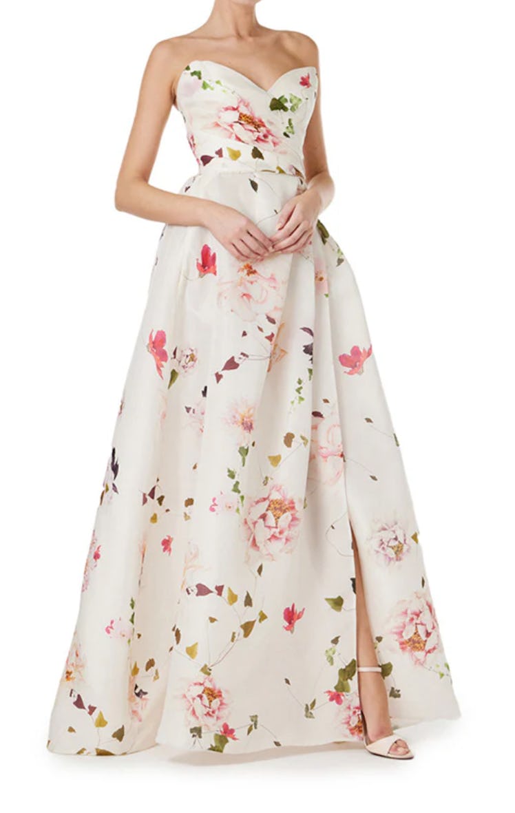 white floral strapless gown