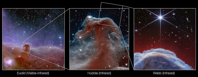 three photos showing zoomed in views of a cloud of interstellar gas