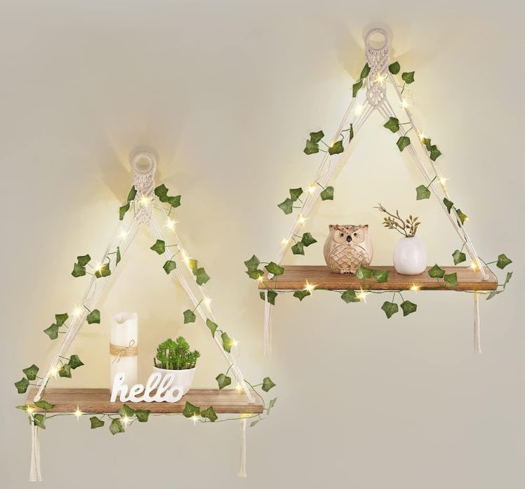 Mkono Artificial Ivy Macrame Hanging Shelves with Lights