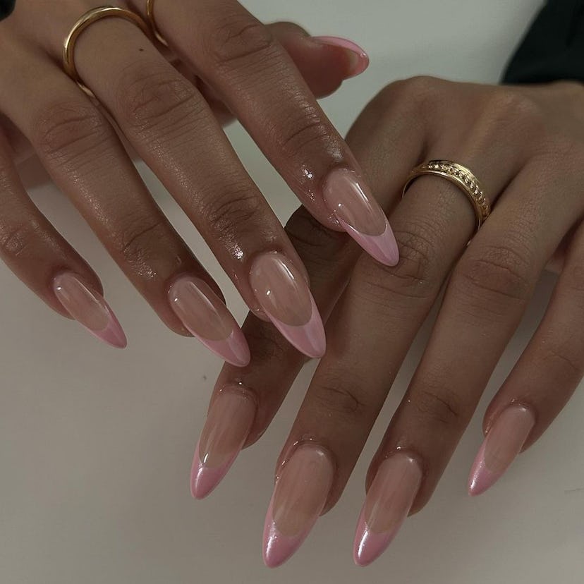 French tip nails in a baby pink chrome color are perfect for Cancer signs.