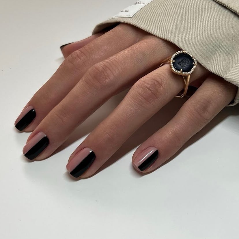 Try two-toned black and sheer pink nails.