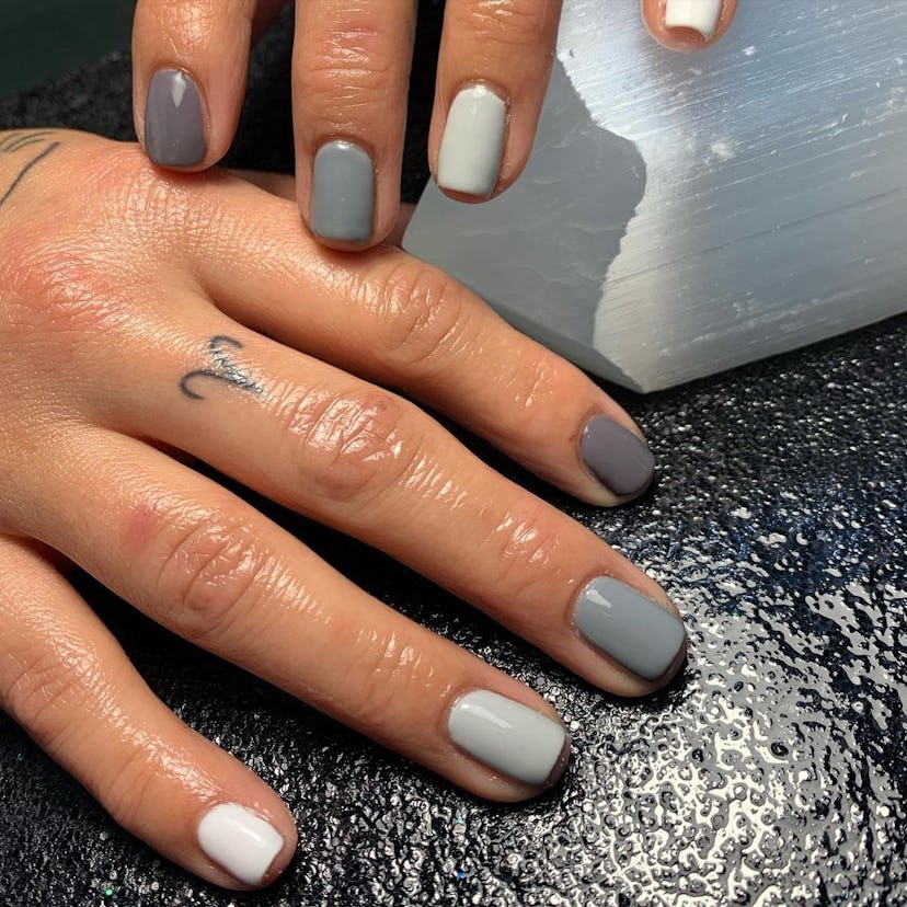 Try stone gray Skittle nails.
