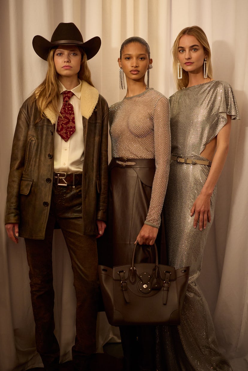 three models wearing looks from ralph lauren fall/holiday 2024 collection runway show