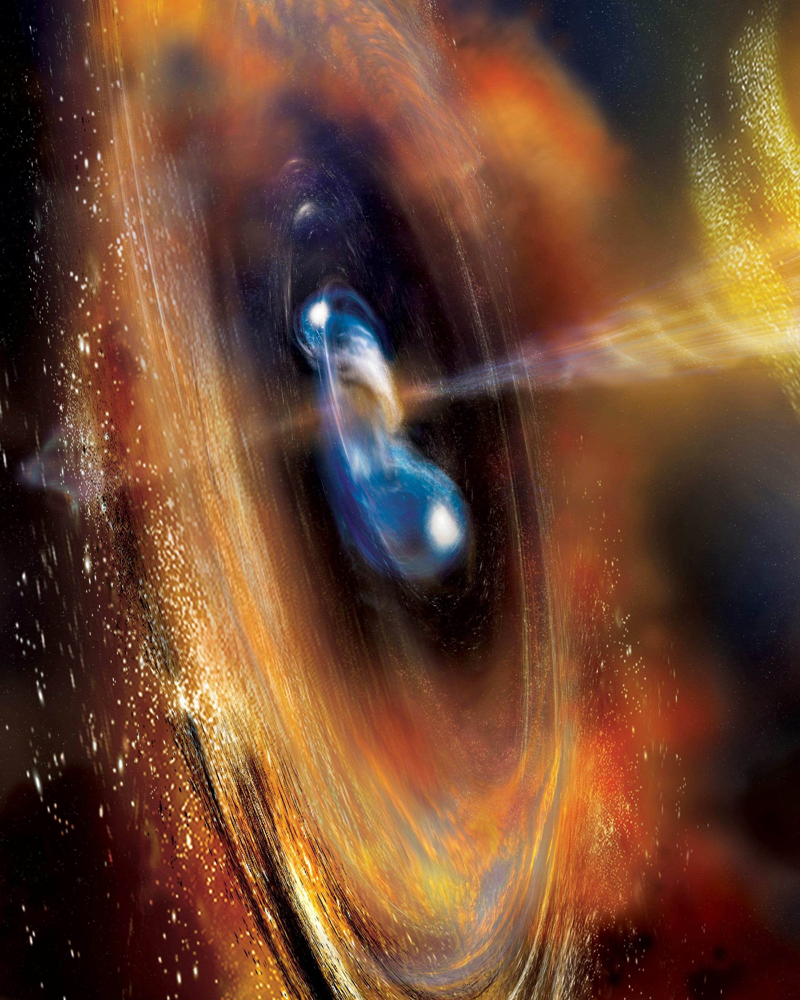 Illustration of two neutron stars colliding.