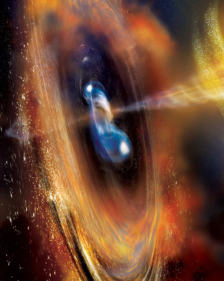 Illustration of two neutron stars colliding.
