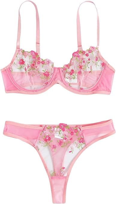 WDIRARA Floral Embroidery Lingerie Set (2-Piece)