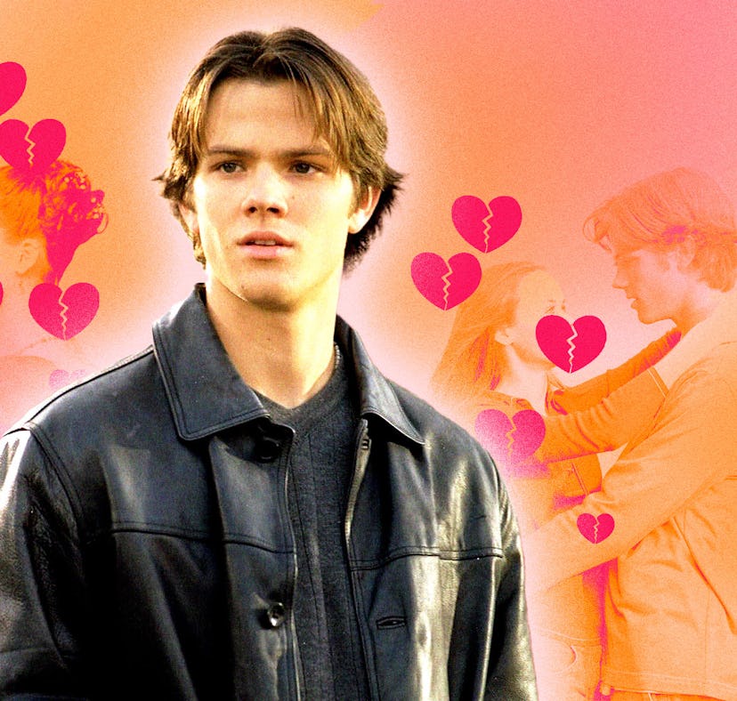 A young man in a leather jacket with contemplative expression, overlaid by romantic scenes of a coup...
