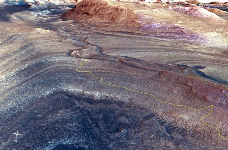 The steep path NASA’s Curiosity Mars rover took to reach Gediz Vallis channel is indicated in yellow...