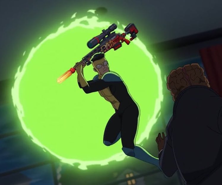 Invincible wielding what appears to be a Fortnite sniper rifle.