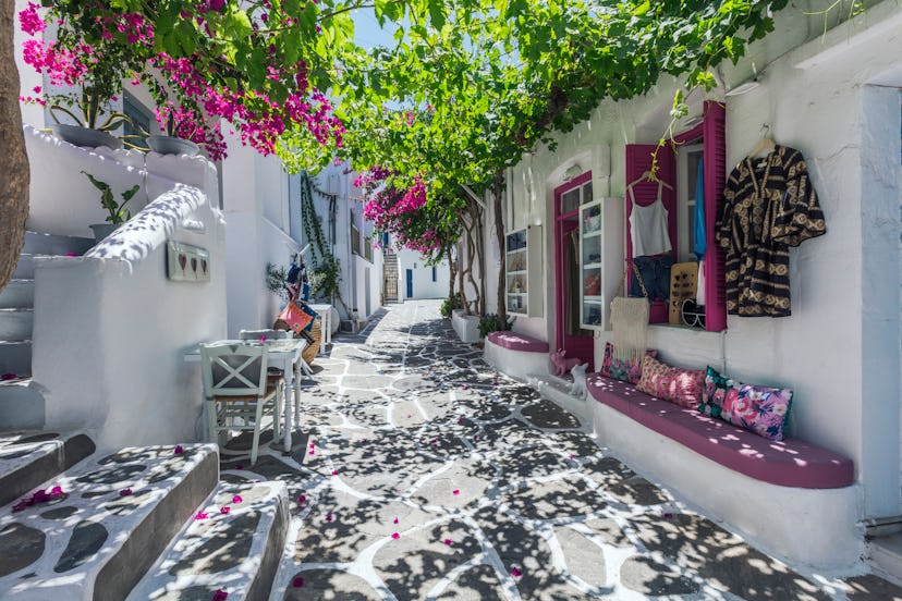 Colorful street in the main tourist village of Paros Island in Greece.