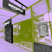 Exterior view of an Amazon Go store with signage, tinted with purple and yellow hues for a stylized ...