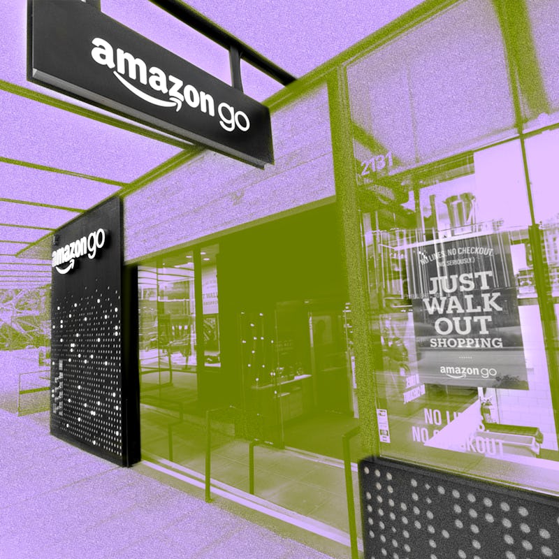 Exterior view of an Amazon Go store with signage, tinted with purple and yellow hues for a stylized ...