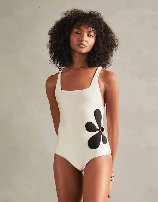 Floral Off-White with Black Flower Cut-Out Swimsuit