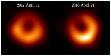 research paper about black hole Two donut-shaped rings resemble each other except for a few details. In the second image, the bright...