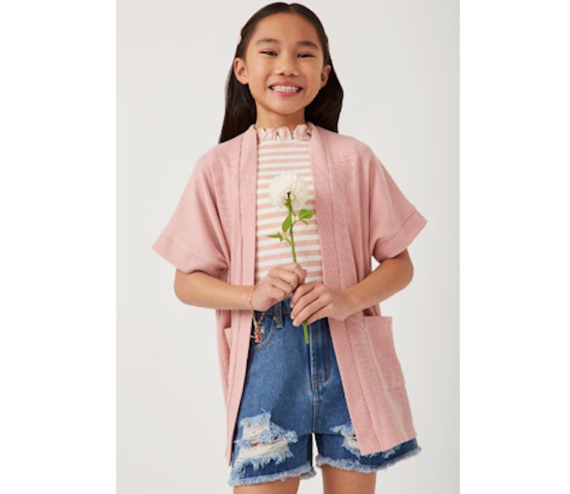 Hayden Girls Waffle-Knit Short Sleeve Open Cardigan