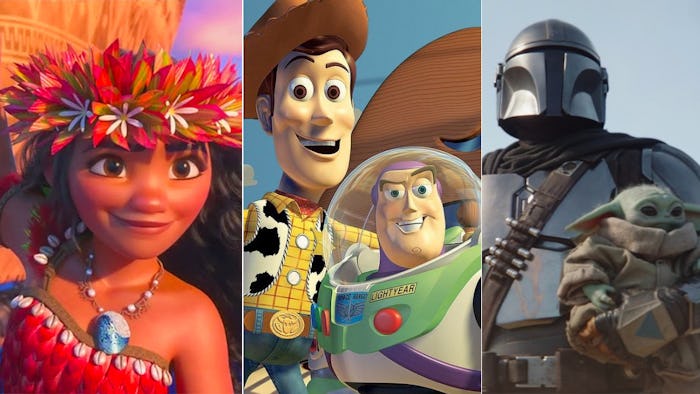 Three pictures side by side: Moana; Woody and Buzz; and the Mandalorian and Grogu.