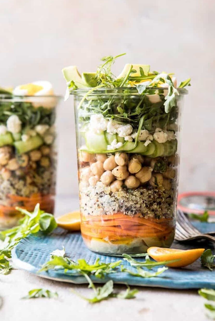 Mediterranean chickpea and egg salad jars are a great make ahead lunch.
