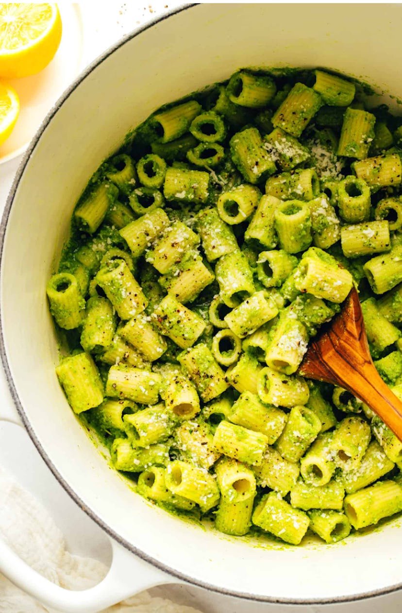 Make this lemony broccoli pesto pasta ahead of time to enjoy for lunch.