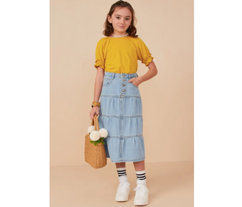 Hayden Girls Button Fly Tiered Denim Maxi Skirt