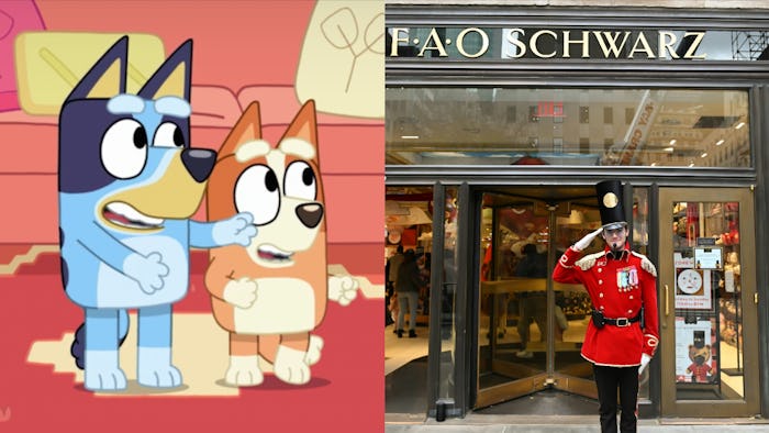 A side-by-side image of Bluey and Bingo and a man in a toy soldier costume standing in front of FAO ...