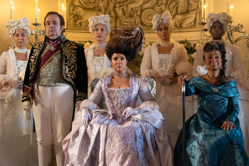 Hugh Sachs as Brimsley, Golda Rosheuvel as Queen Charlotte, Adjoa Andoh as Lady Agatha Danbury in ep...