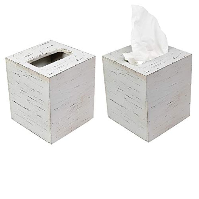 EXCELLO GLOBAL PRODUCTS Rustic White Barnwood Tissue Box Cover (2-Pack)