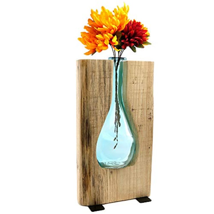 EXCELLO GLOBAL PRODUCTS Round Blue Glass and Wood Vase
