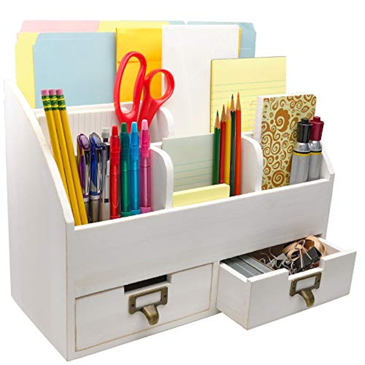 Excello Global Products White Wood Office Desk Organizer: Includes 6 Compartments and 2 Drawers to O...