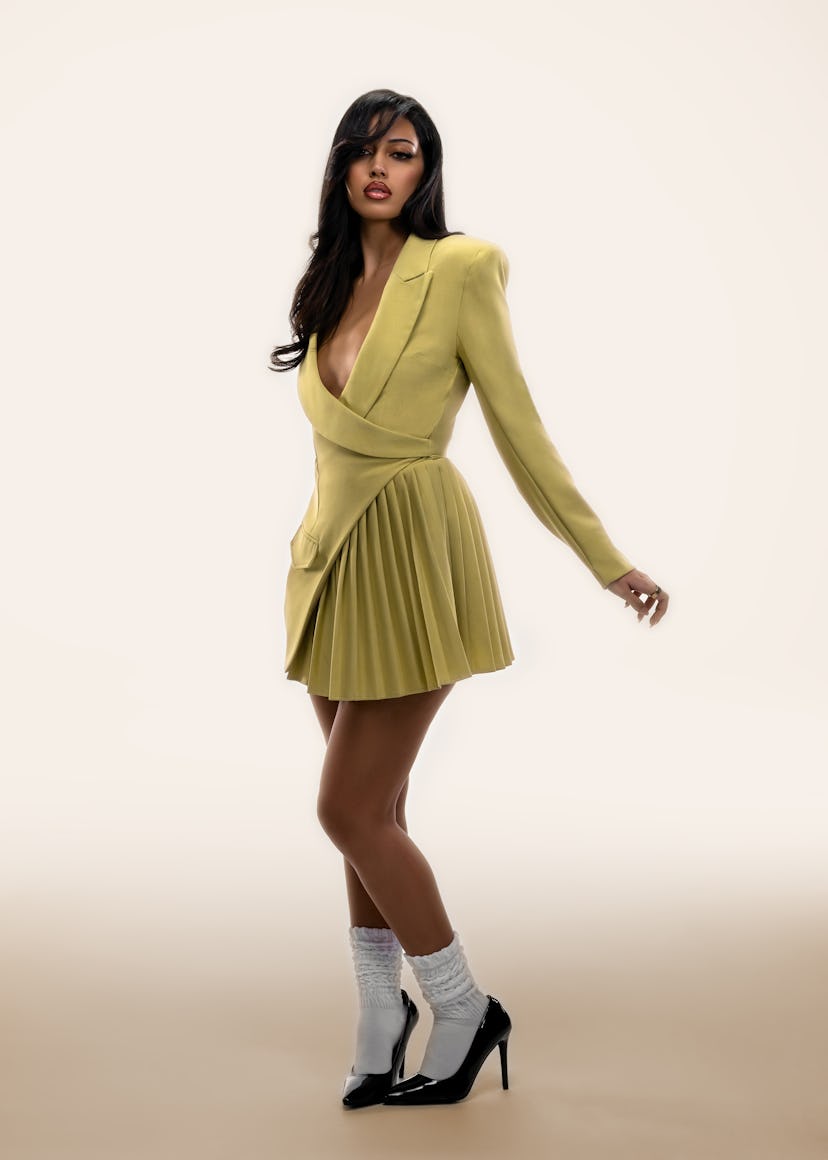 PLT Label Chartreuse Asymmetric Pleated Blazer Dress