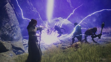 A mage casts a lightning spell on their foes.