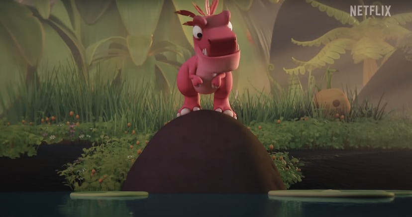 A baby T-rex named Dora looks into a pond in Netflix's Bad Dinosaurs.