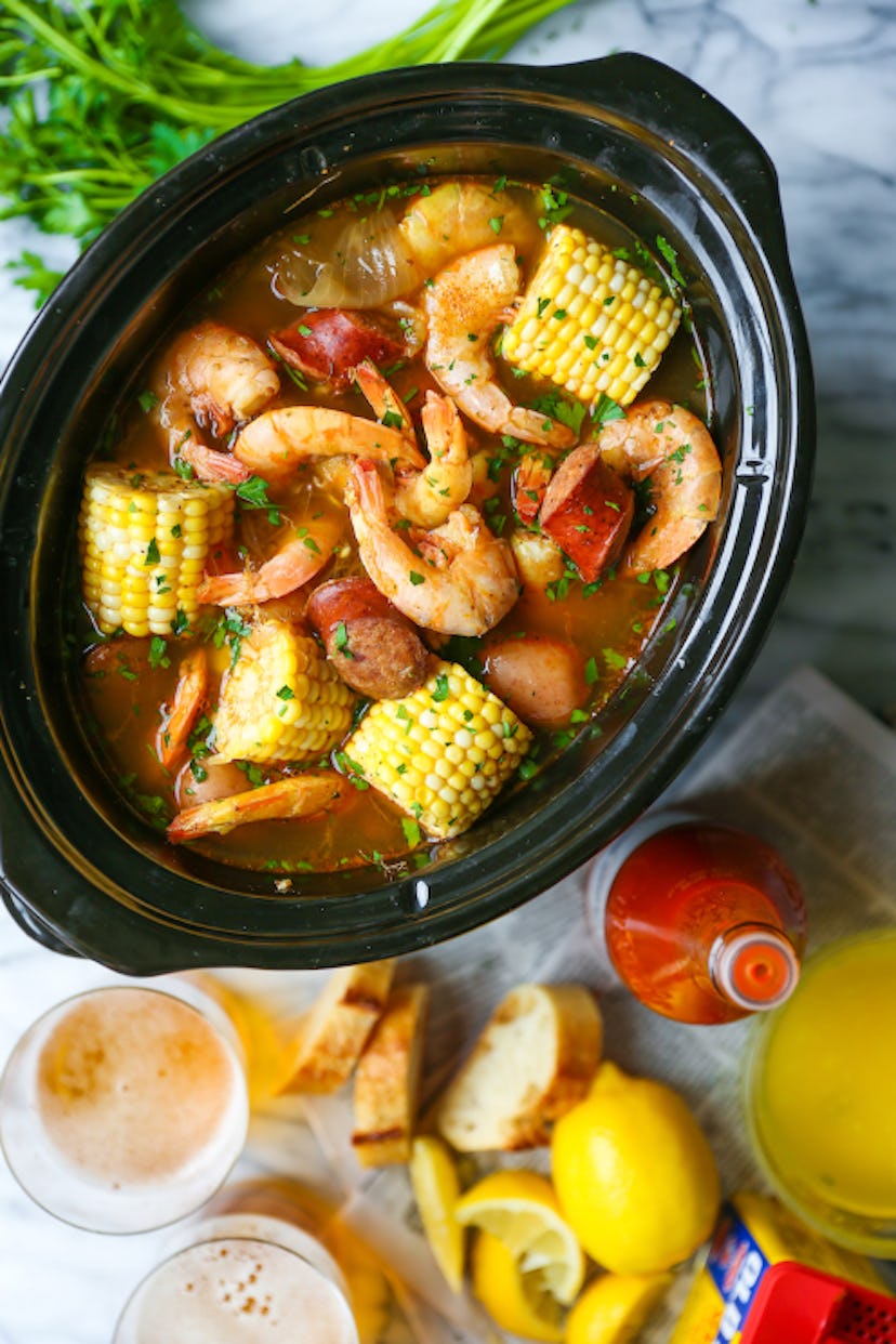Enjoy a shrimp boil as a healthy slow cooker recipe for busy weeknights.
