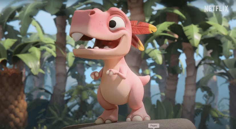 A pink baby T-Rex named Trevor from Netflix's Bad Dinosaurs.