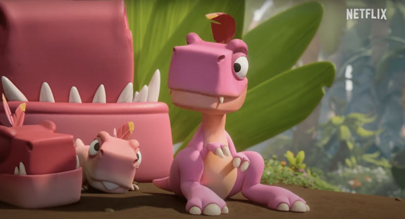 A pink baby T-Rex named Uno from Netflix's new children's series Bad Dinosaurs.
