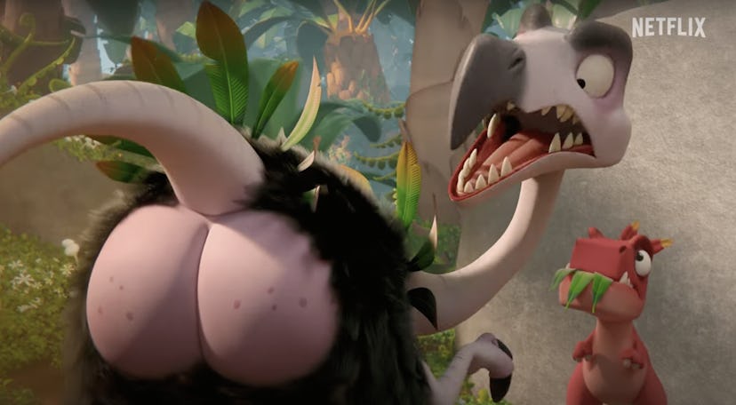 A feathered raptor with a naked butt, in Netflix's animated children's series Bad Dinosaurs.