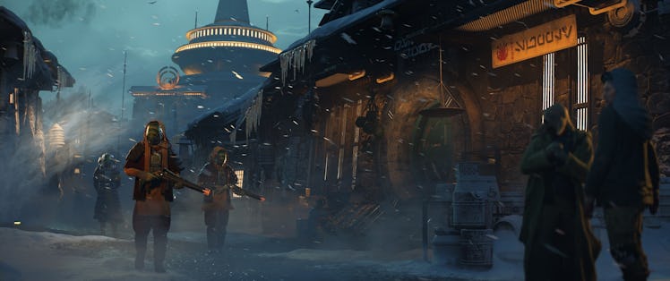 Armed soldiers patrol the streets of this snowy planet.