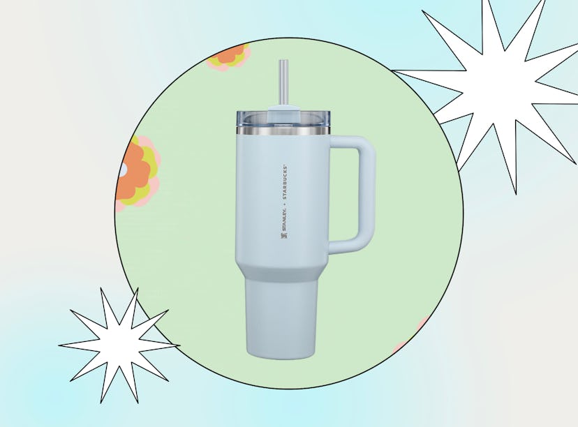 Starbucks has a new Sky Blue Stanley Quencher in their spring 2024 merch.