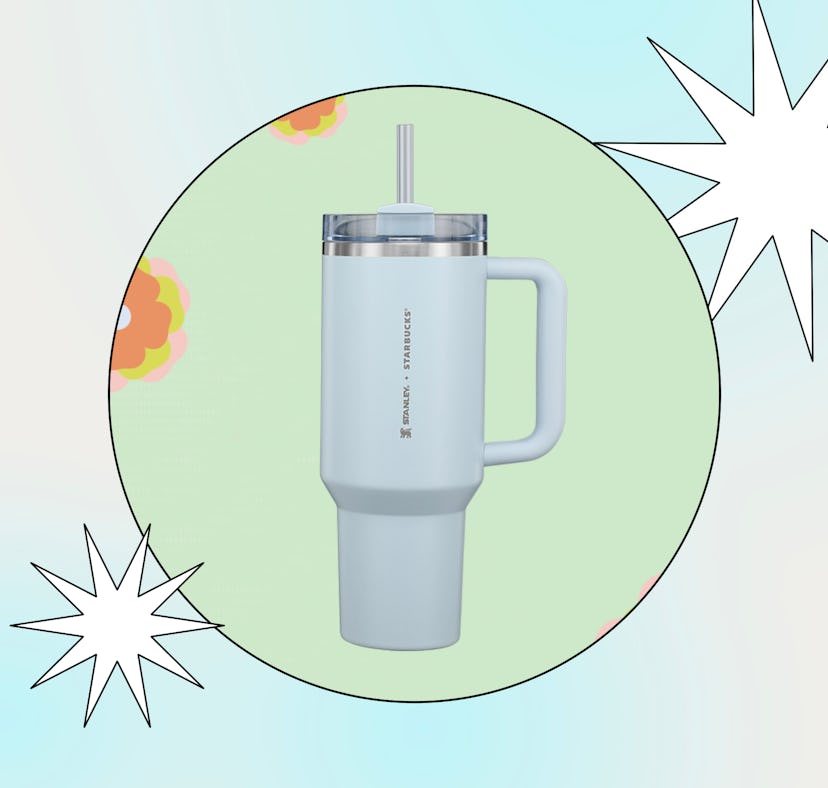 Starbucks has a new Sky Blue Stanley Quencher in their spring 2024 merch.