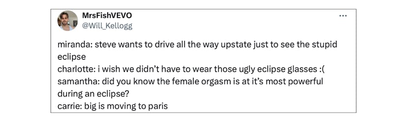 People on X (formerly Twitter) are posting a Sex and the City meme in response to the 2024 eclipse.