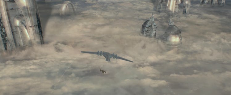 Padmé's ship flies above the clouds of Coruscant in 'Star Wars: Episode II - Attack of the Clones'