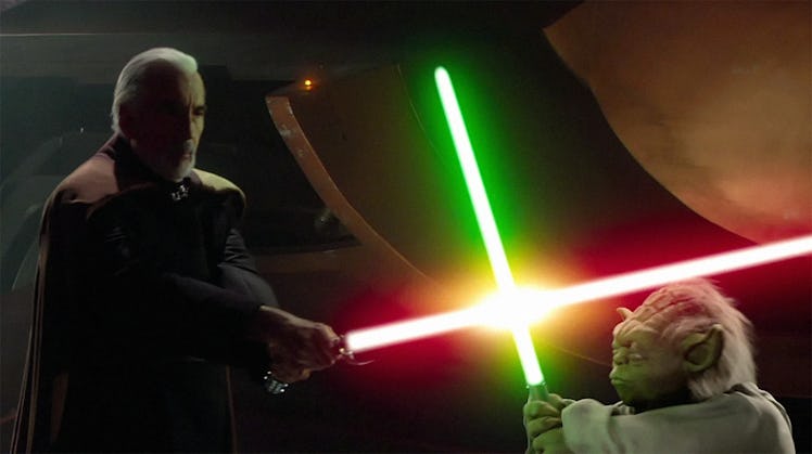 Count Dooku (Christopher Lee) fights Yoda (voiced by Frank Oz) in Star Wars: Attack of the Clones