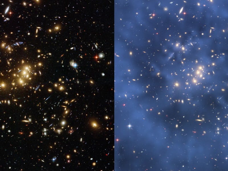 Galaxy cluster, left, with ring of dark matter visible, right.