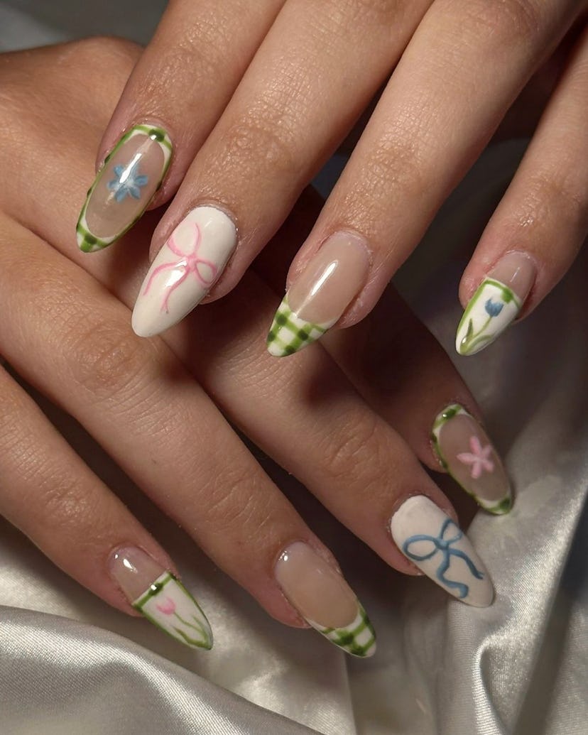 Try coquette nails with gingham print and ribbons.