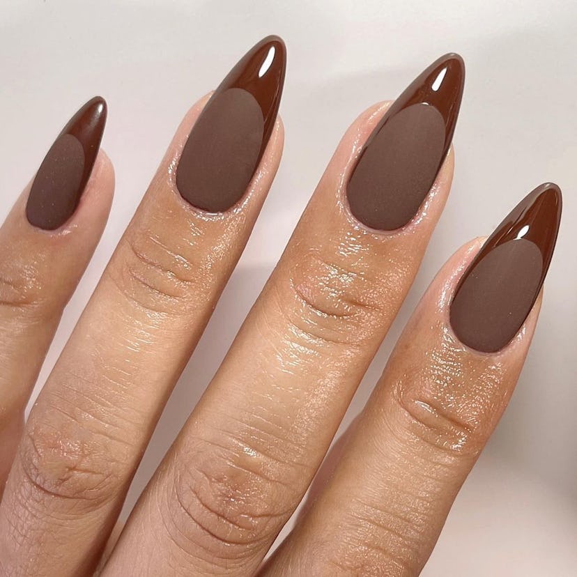 Try matte and glossy monochromatic brown nails.