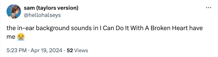 A screenshot of a tweet about the in-ear monitor in "I Can Do It With A Broken Heart"