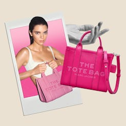 A collage featuring a woman holding a pink Marc Jacobs tote bag and a close-up of the same bag next ...