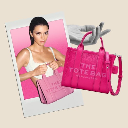 A collage featuring a woman holding a pink Marc Jacobs tote bag and a close-up of the same bag next ...