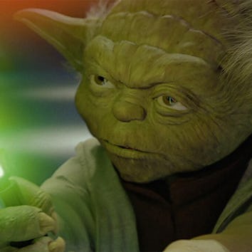 Master Yoda (voiced by Frank Oz) fights Count Dooku in Star Wars: Episode II — Attack of the Clones