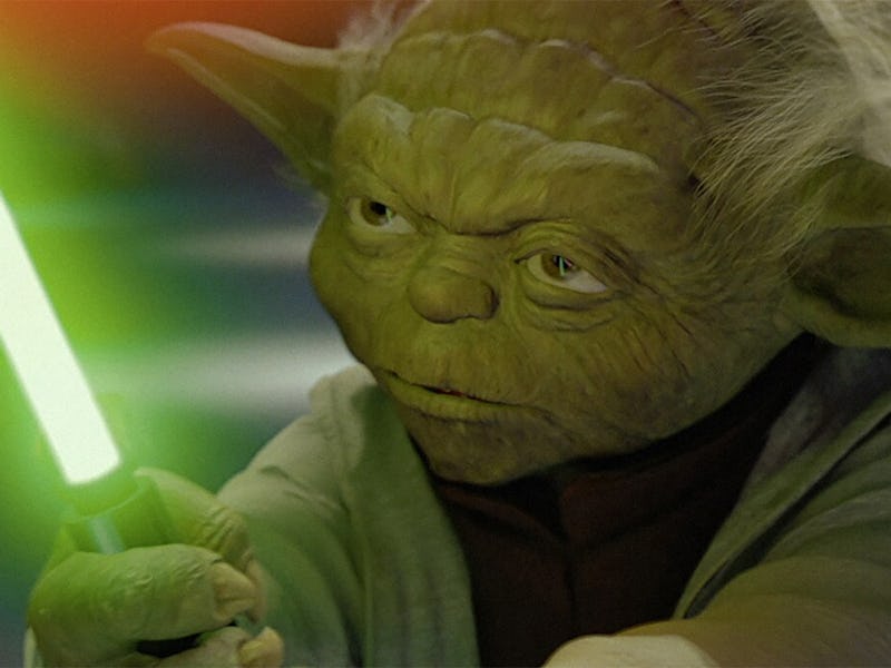 Master Yoda (voiced by Frank Oz) fights Count Dooku in Star Wars: Episode II — Attack of the Clones